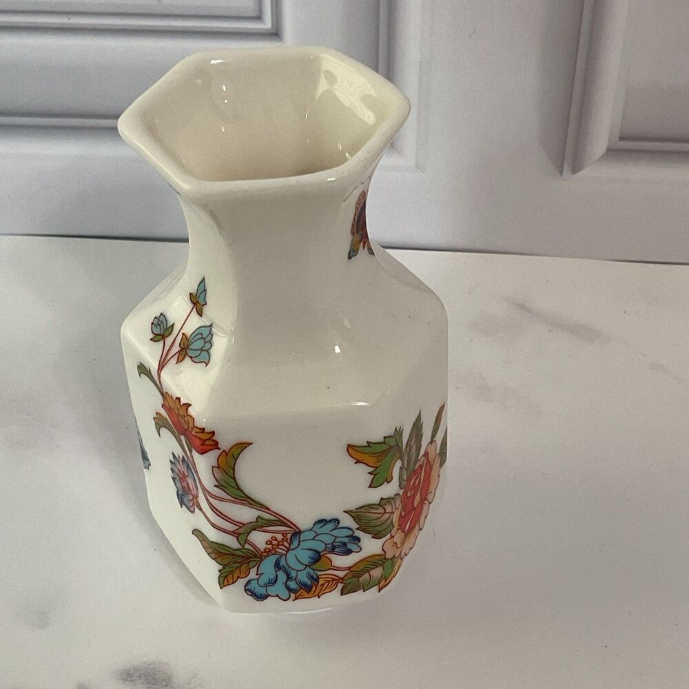 Aynsley Fine English Bone China Floral Vase Butterflies 6 Sided, Small